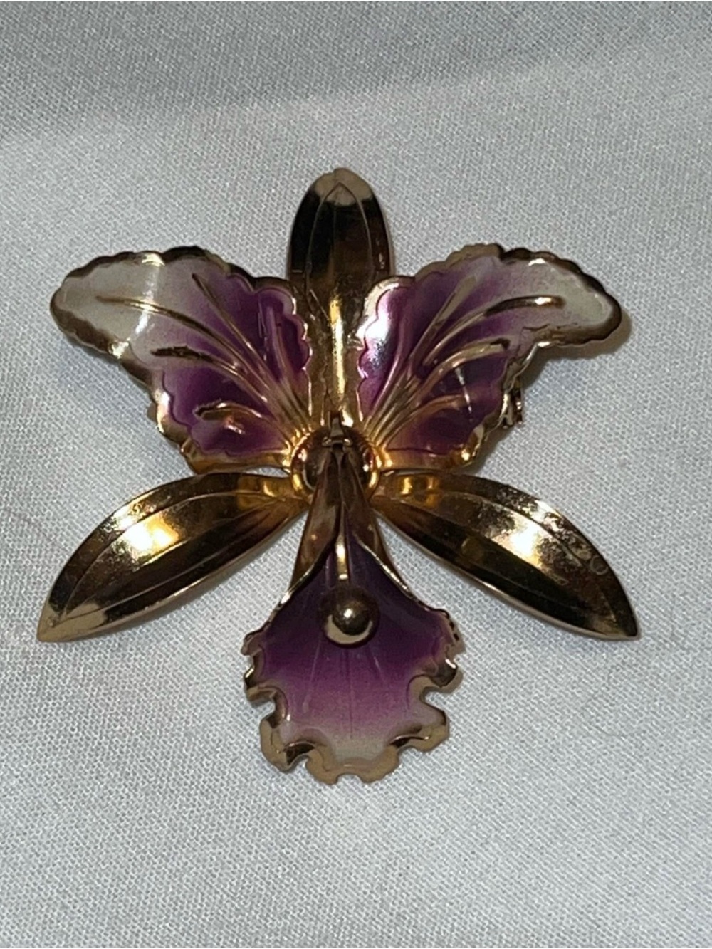 VTG 1940’s? Purple & Gold Tone Orchid Pin Brooch